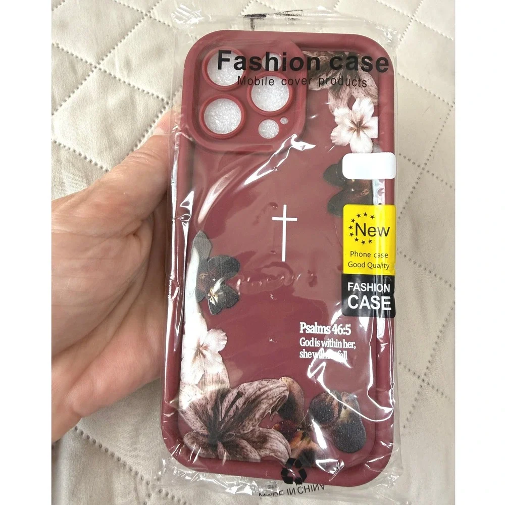 iPhone 14 Pro Max Case Burgundy Floral Psalm 46:5 Lanyard Strap New